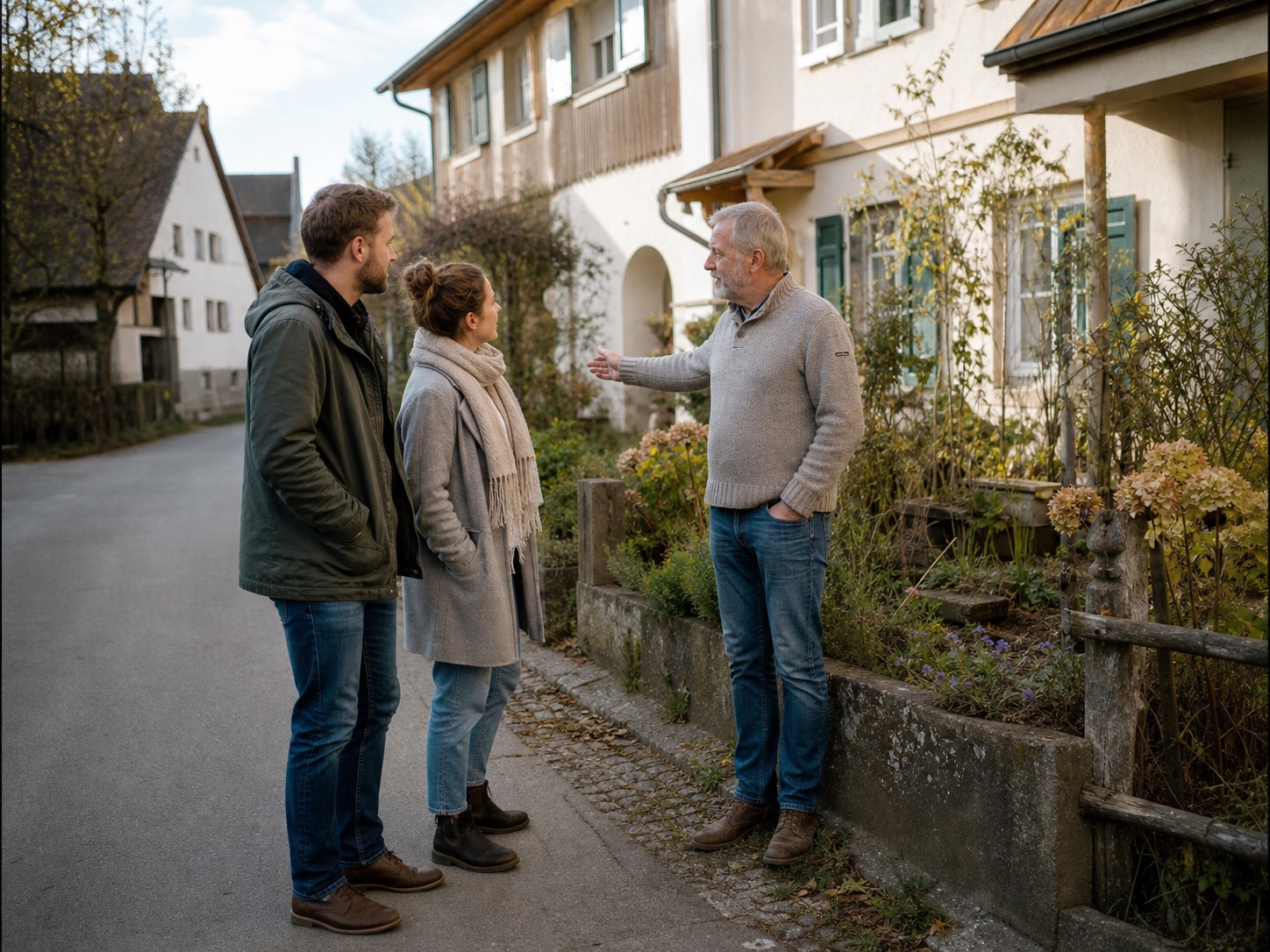 Ein Eigentümer spricht mit einem Paar vor einem Haus im Dorf